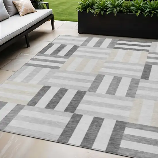 Gray And Ivory Geometric Washable Indoor Outdoor Area Rug Photo 1