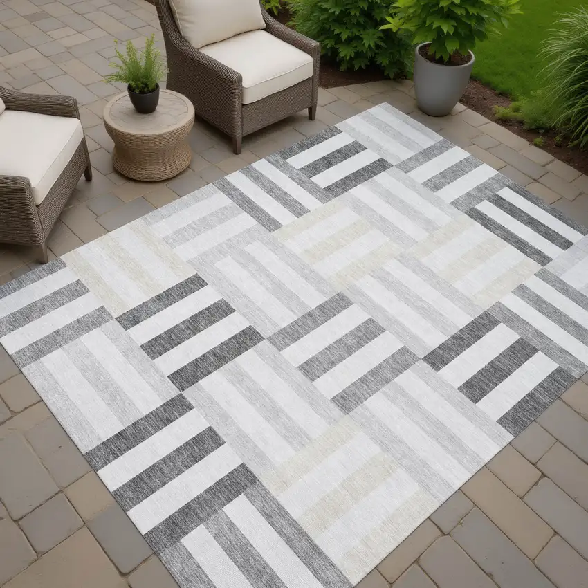 Gray And Ivory Geometric Washable Indoor Outdoor Area Rug Photo 7