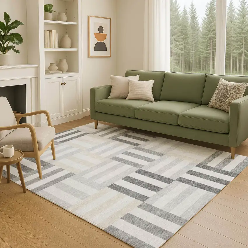 Gray And Ivory Geometric Washable Indoor Outdoor Area Rug Photo 8