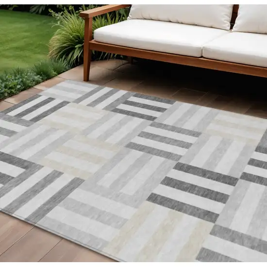 Gray And Ivory Geometric Washable Indoor Outdoor Area Rug Photo 1