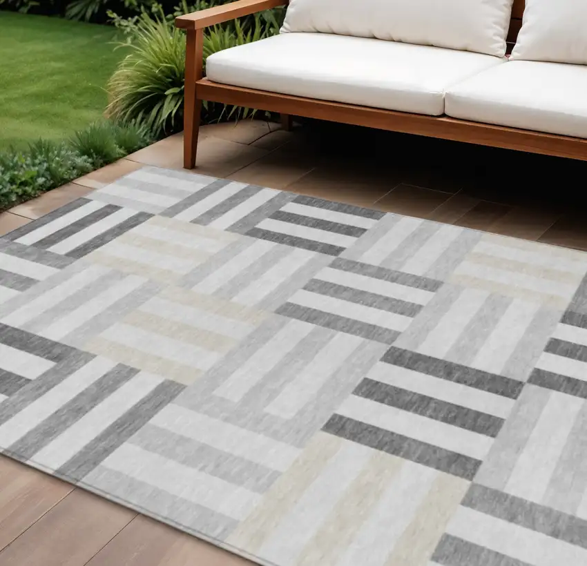 Gray And Ivory Geometric Washable Indoor Outdoor Area Rug Photo 1