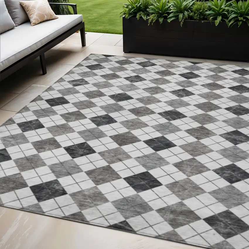 Gray And Ivory Geometric Washable Indoor Outdoor Area Rug Photo 1