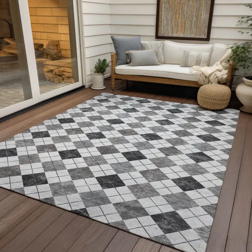 Gray And Ivory Geometric Washable Indoor Outdoor Area Rug Photo 9
