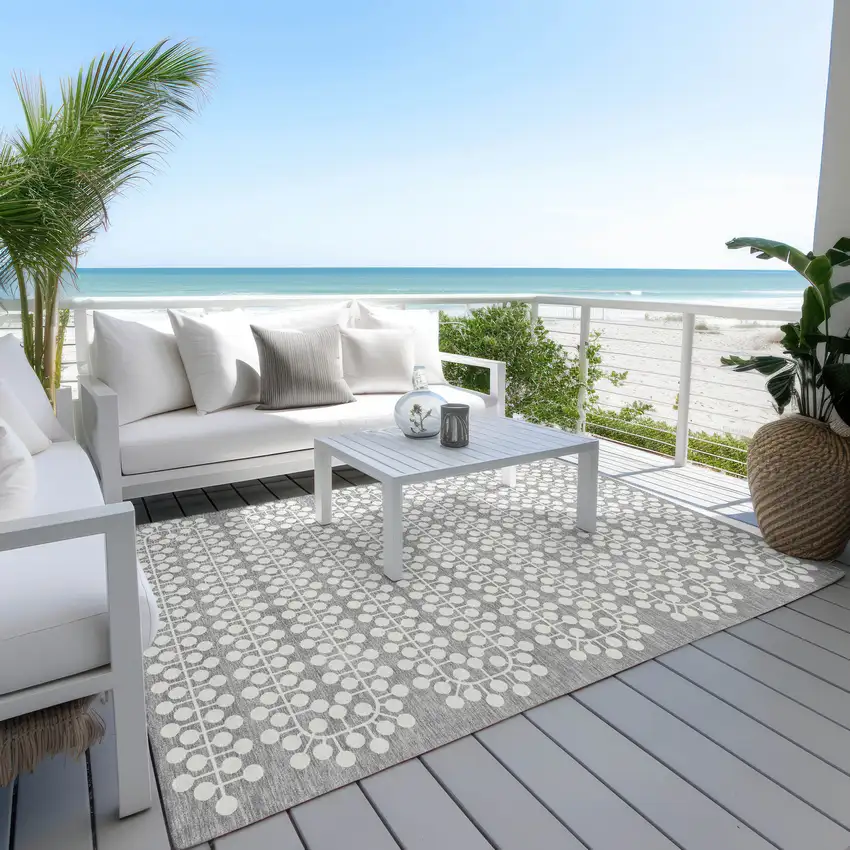 Gray And Ivory Geometric Washable Indoor Outdoor Area Rug Photo 9