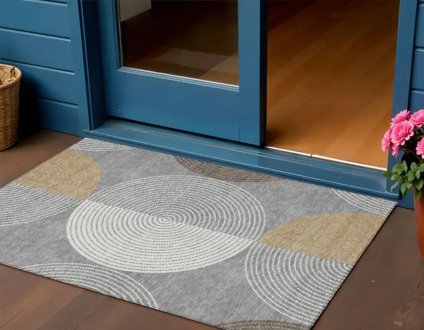 Gray And Ivory Geometric Washable Indoor Outdoor Area Rug Photo 1