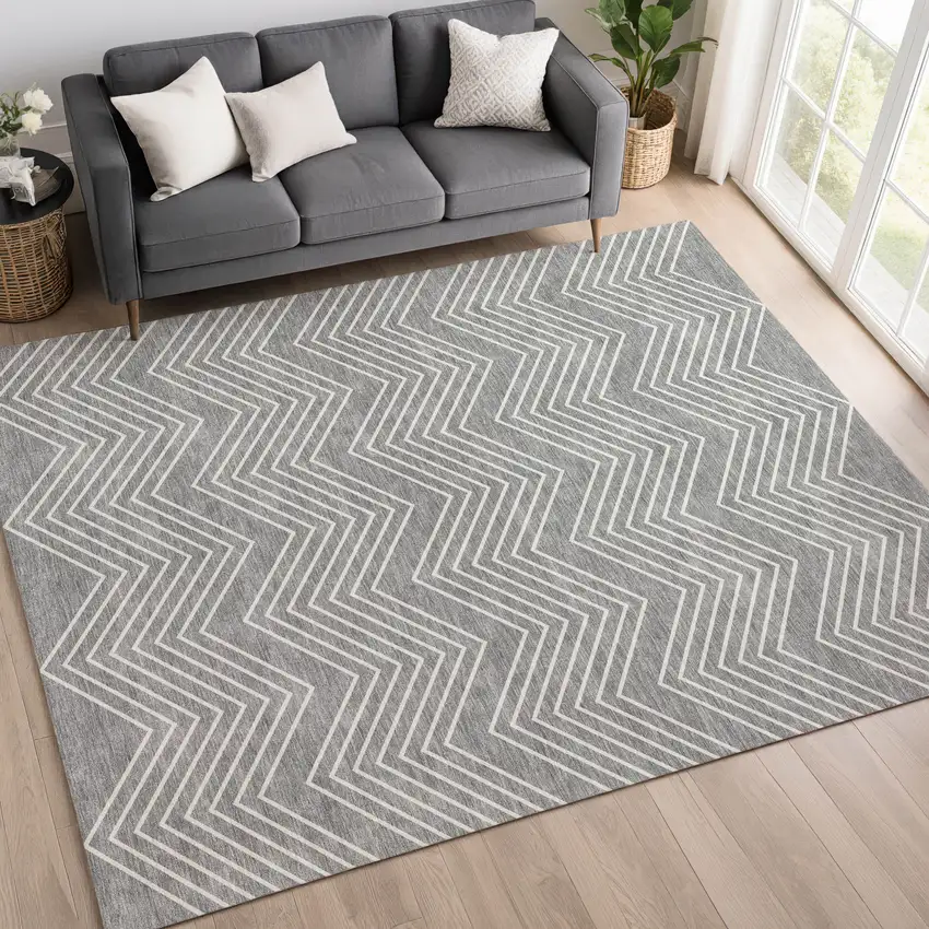 Gray And Ivory Geometric Washable Indoor Outdoor Area Rug Photo 5