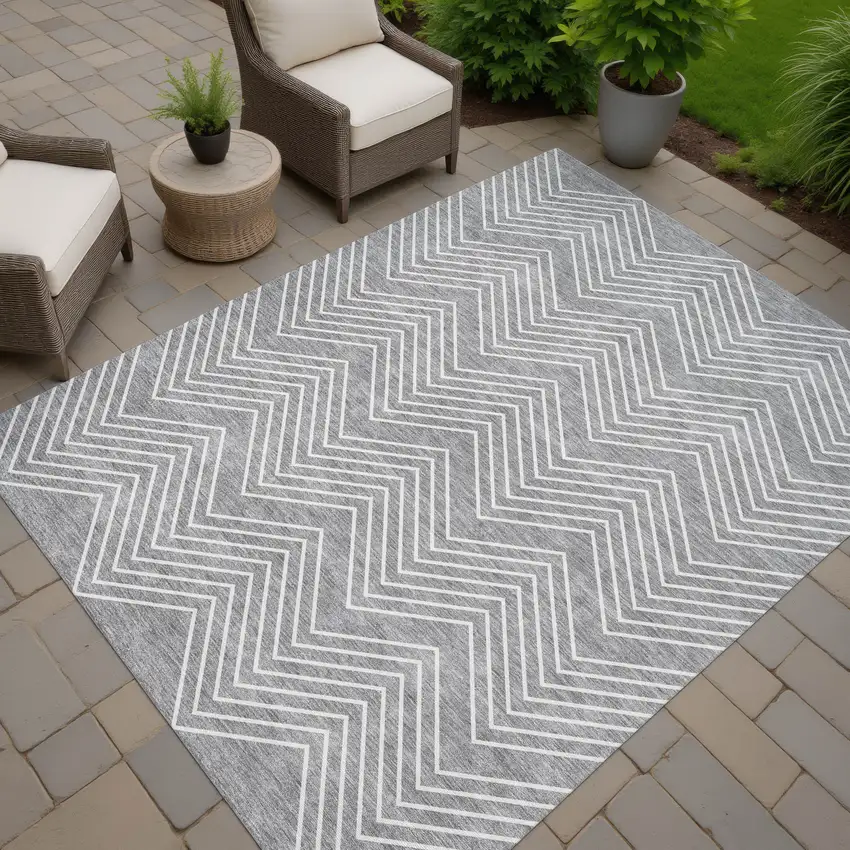 Gray And Ivory Geometric Washable Indoor Outdoor Area Rug Photo 7