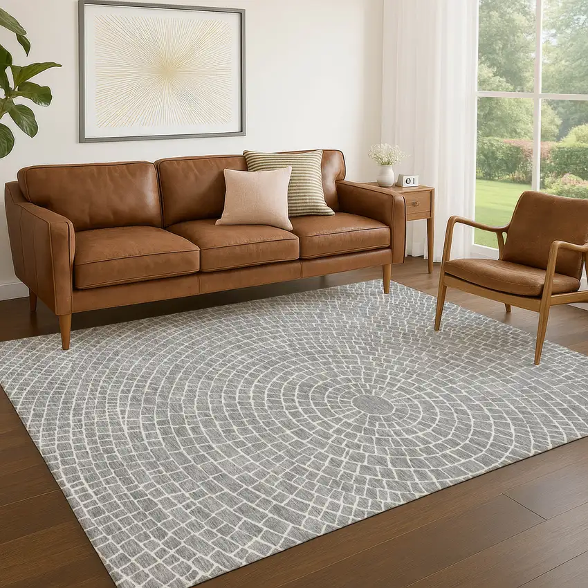 Gray And Ivory Geometric Washable Indoor Outdoor Area Rug Photo 5