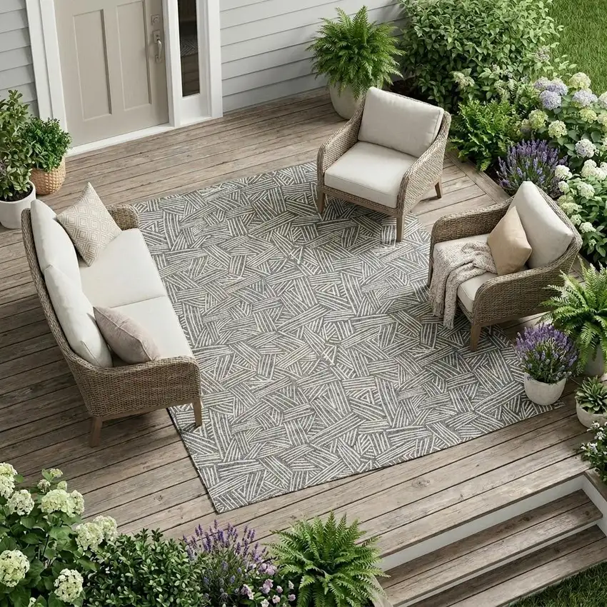 Gray And Ivory Geometric Washable Indoor Outdoor Area Rug Photo 1