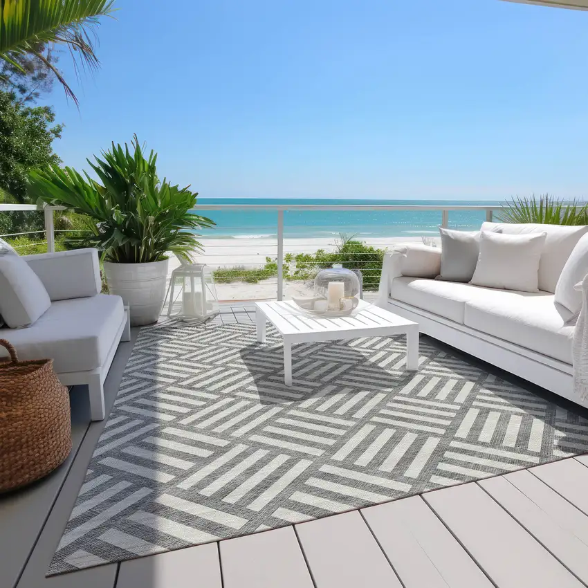 Gray And Ivory Geometric Washable Indoor Outdoor Area Rug Photo 6