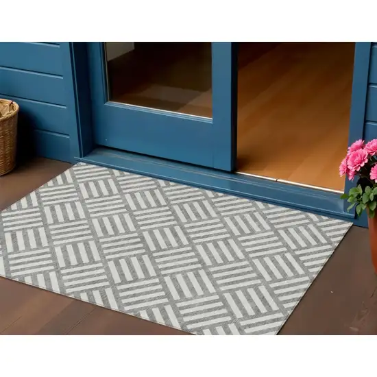 Gray And Ivory Geometric Washable Indoor Outdoor Area Rug Photo 1