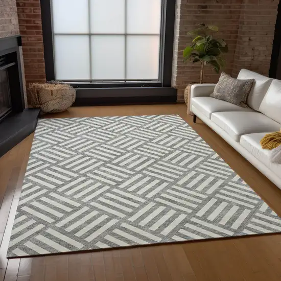 Gray And Ivory Geometric Washable Indoor Outdoor Area Rug Photo 8