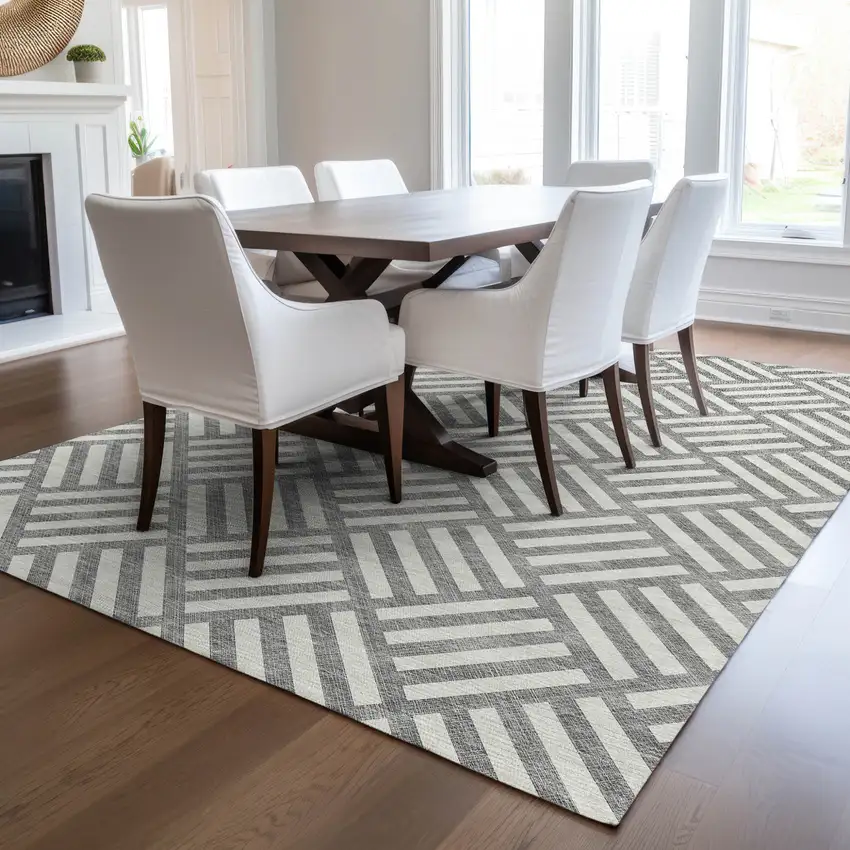 Gray And Ivory Geometric Washable Indoor Outdoor Area Rug Photo 7