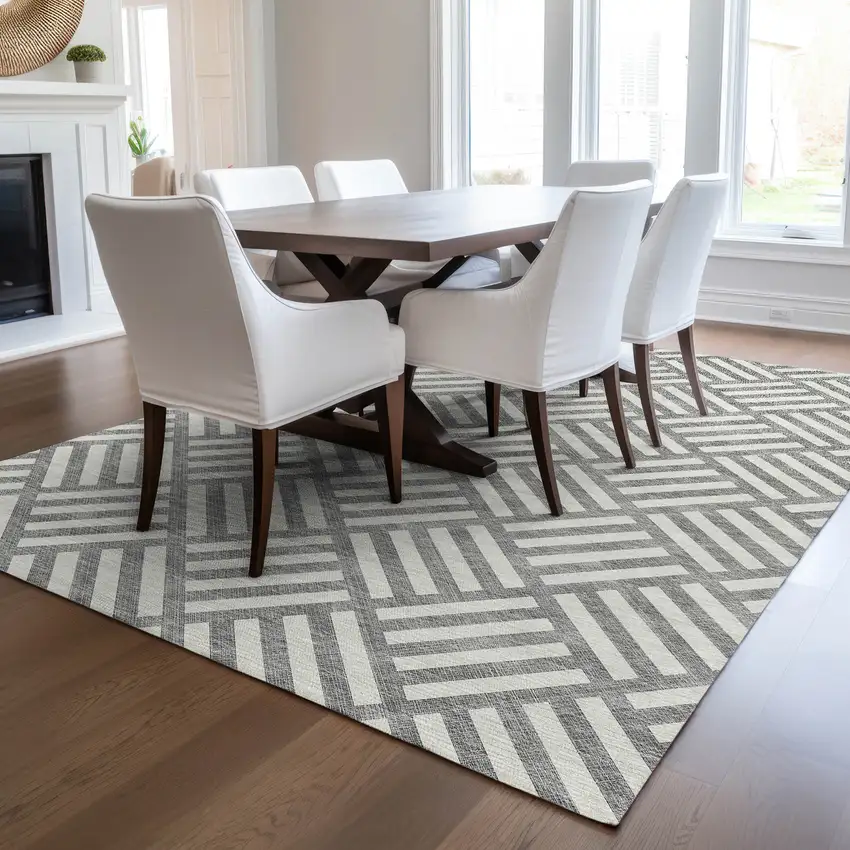Gray And Ivory Geometric Washable Indoor Outdoor Area Rug Photo 7