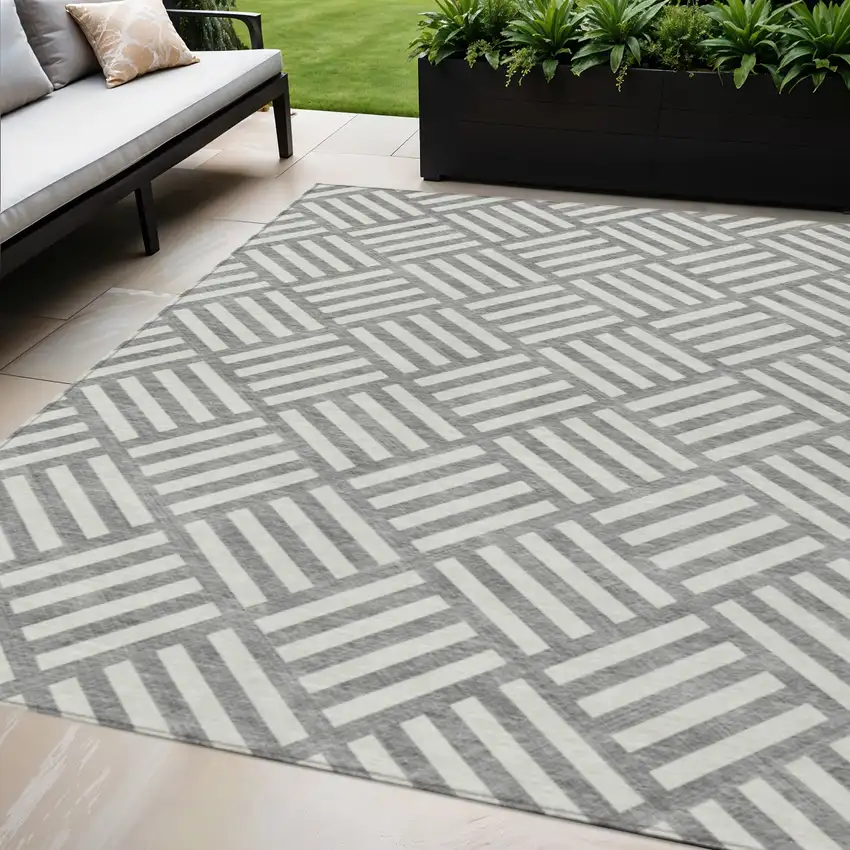 Gray And Ivory Geometric Washable Indoor Outdoor Area Rug Photo 1