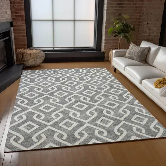 Gray And Ivory Geometric Washable Indoor Outdoor Area Rug Photo 9