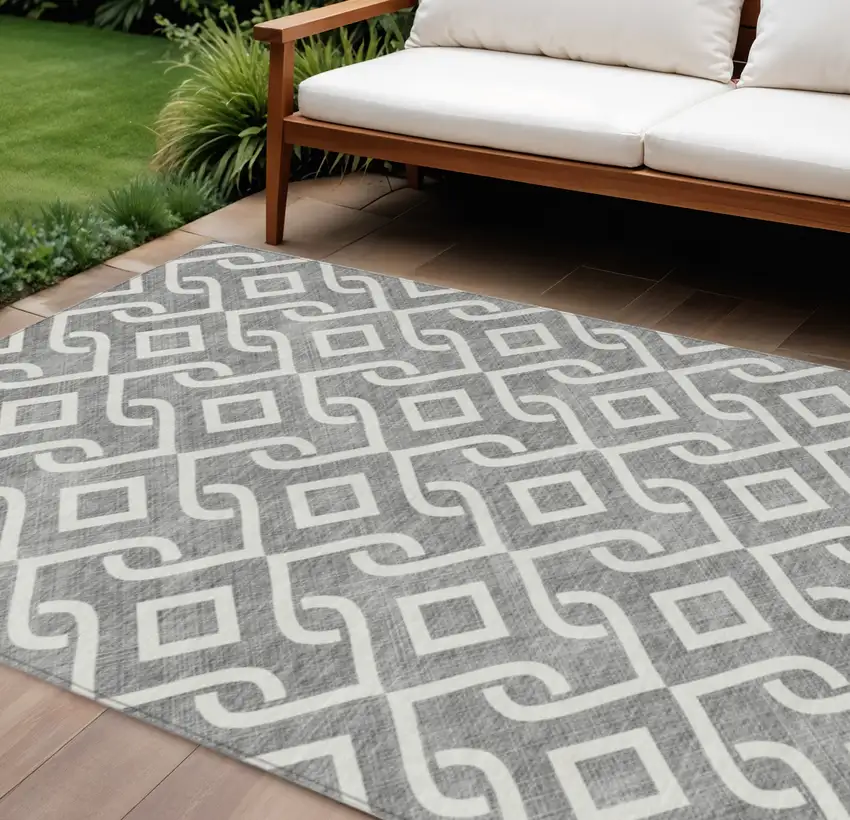 Gray And Ivory Geometric Washable Indoor Outdoor Area Rug Photo 1
