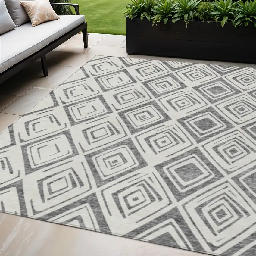 Gray And Ivory Geometric Washable Indoor Outdoor Area Rug Photo 1