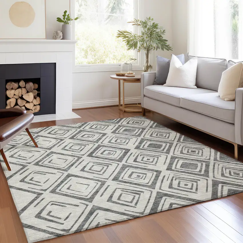 Gray And Ivory Geometric Washable Indoor Outdoor Area Rug Photo 8