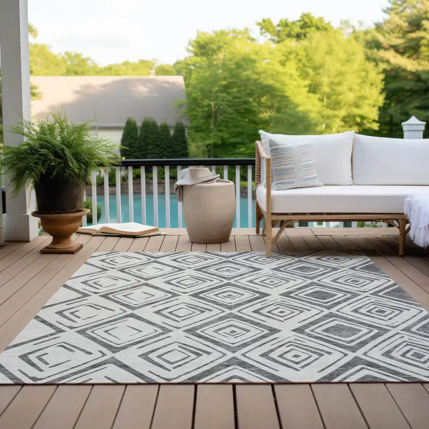 Gray And Ivory Geometric Washable Indoor Outdoor Area Rug Photo 9