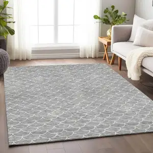 Photo of Gray And Ivory Geometric Washable Indoor Outdoor Area Rug