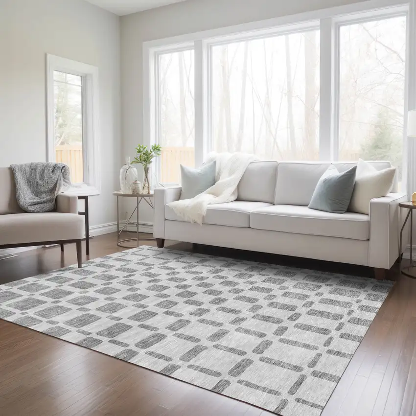 Gray And Ivory Geometric Washable Indoor Outdoor Area Rug Photo 9