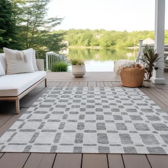 Gray And Ivory Geometric Washable Indoor Outdoor Area Rug Photo 9