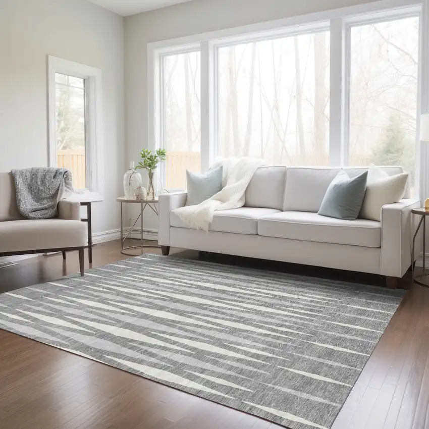 Gray And Ivory Geometric Washable Indoor Outdoor Area Rug Photo 9