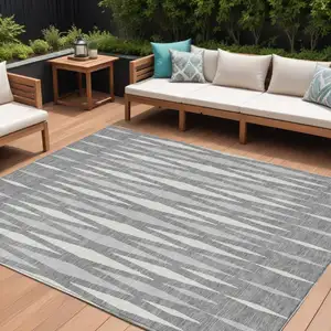 Photo of Gray And Ivory Geometric Washable Indoor Outdoor Area Rug