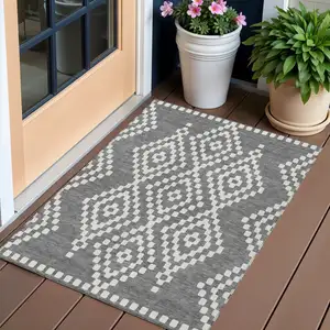 Photo of Gray And Ivory Geometric Washable Indoor Outdoor Area Rug