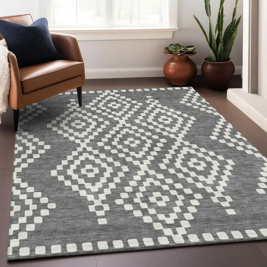 Gray And Ivory Geometric Washable Indoor Outdoor Area Rug Photo 9