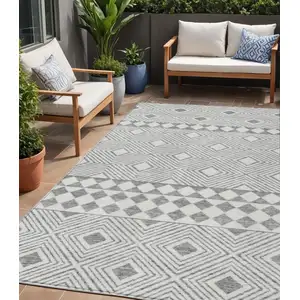 Photo of Gray And Ivory Geometric Washable Indoor Outdoor Area Rug