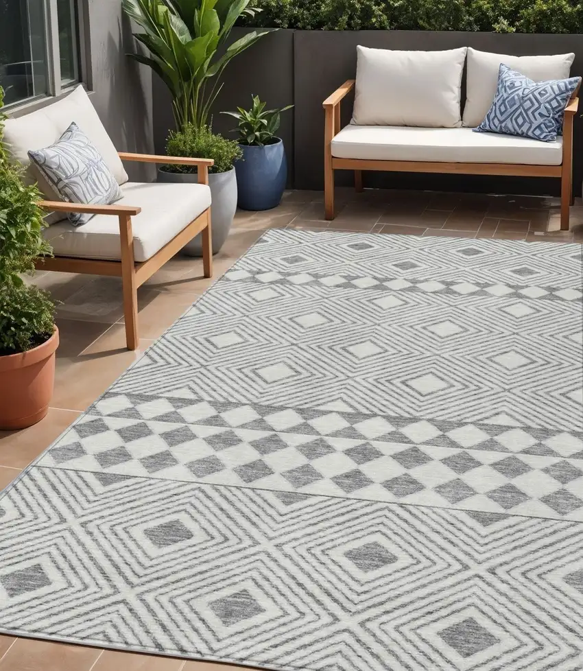 Gray And Ivory Geometric Washable Indoor Outdoor Area Rug Photo 1