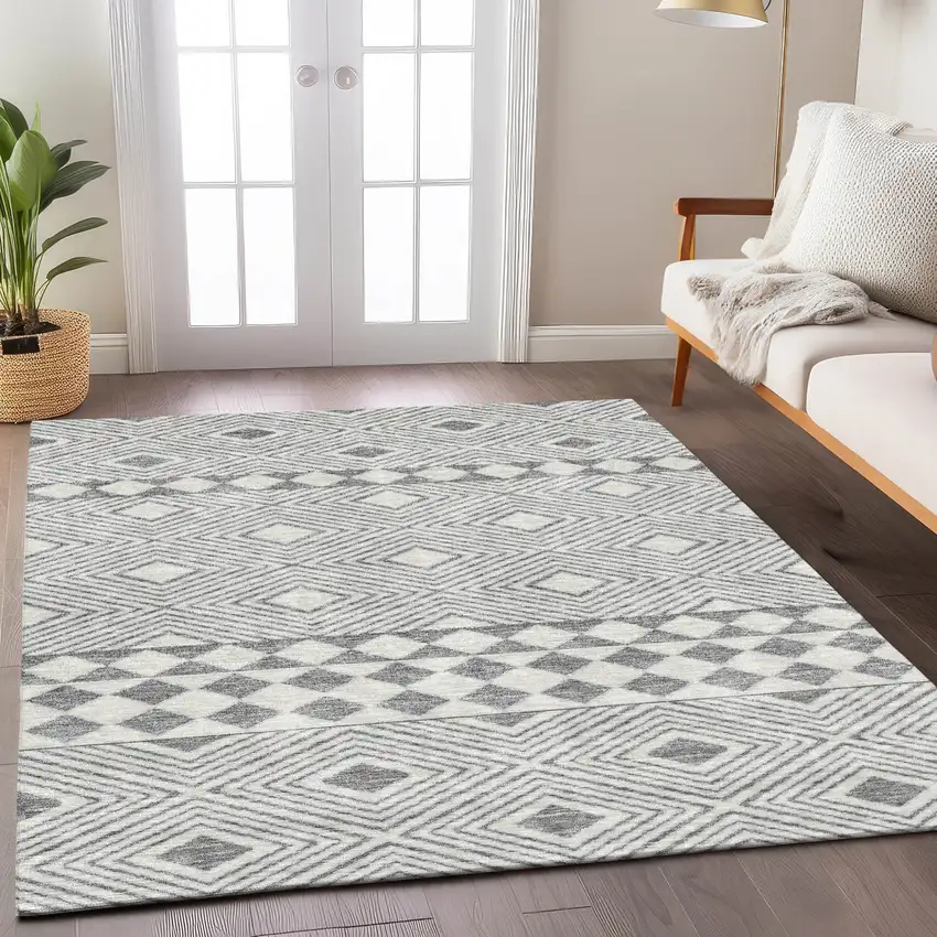 Gray And Ivory Geometric Washable Indoor Outdoor Area Rug Photo 9