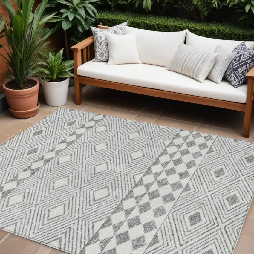 Gray And Ivory Geometric Washable Indoor Outdoor Area Rug Photo 1