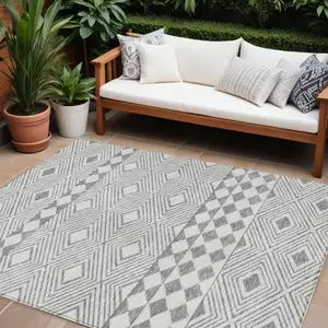 Photo of Gray And Ivory Geometric Washable Indoor Outdoor Area Rug