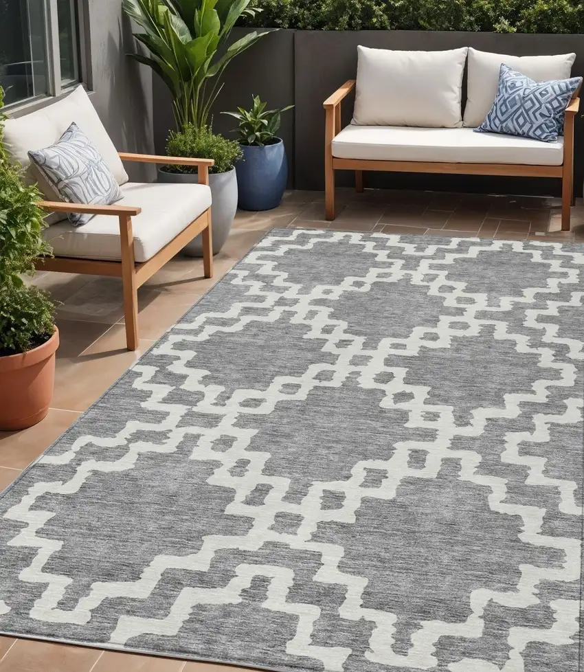 Gray And Ivory Geometric Washable Indoor Outdoor Area Rug Photo 1