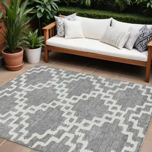 Photo of Gray And Ivory Geometric Washable Indoor Outdoor Area Rug