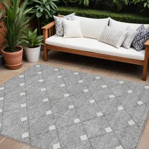 Photo of Gray And Ivory Geometric Washable Indoor Outdoor Area Rug