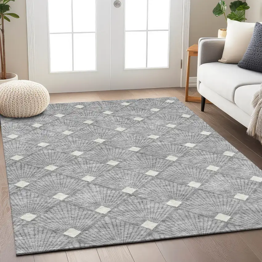 Gray And Ivory Geometric Washable Indoor Outdoor Area Rug Photo 9