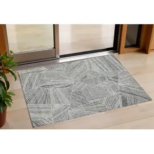 Photo of Gray And Ivory Geometric Washable Indoor Outdoor Area Rug