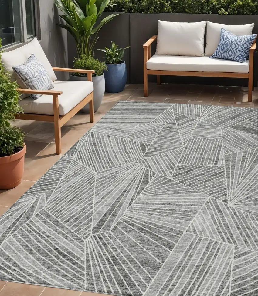 Gray And Ivory Geometric Washable Indoor Outdoor Area Rug Photo 1