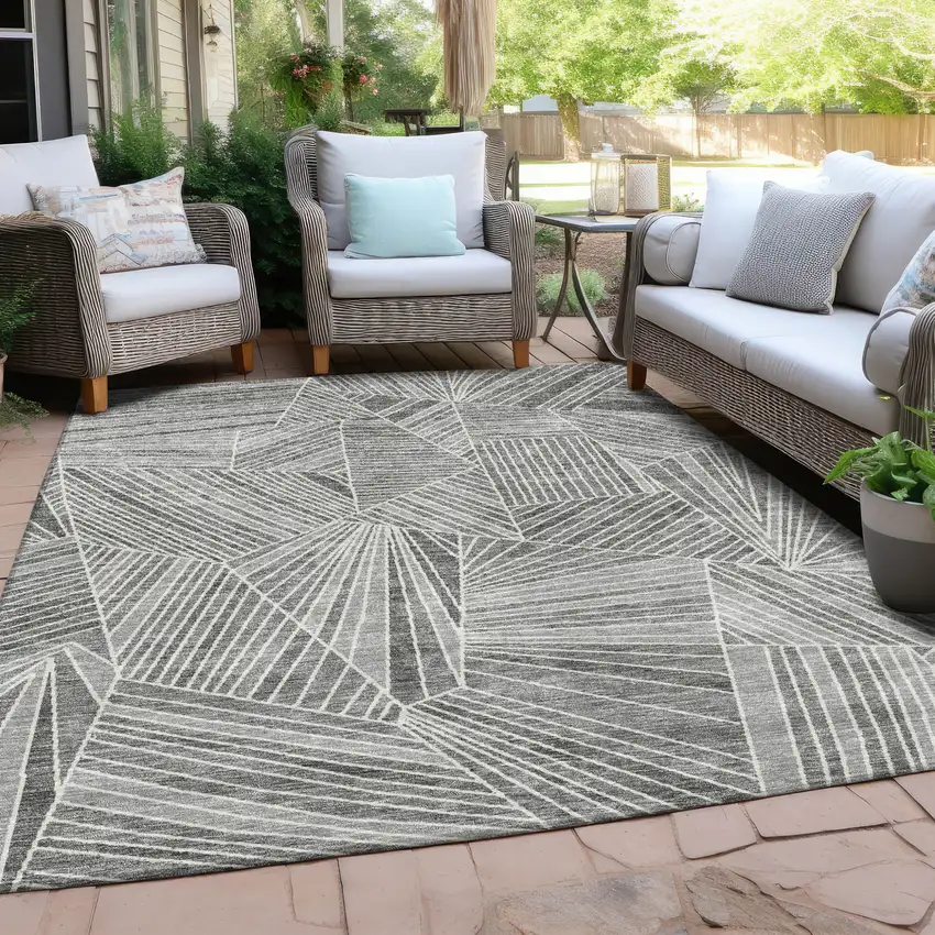 Gray And Ivory Geometric Washable Indoor Outdoor Area Rug Photo 9