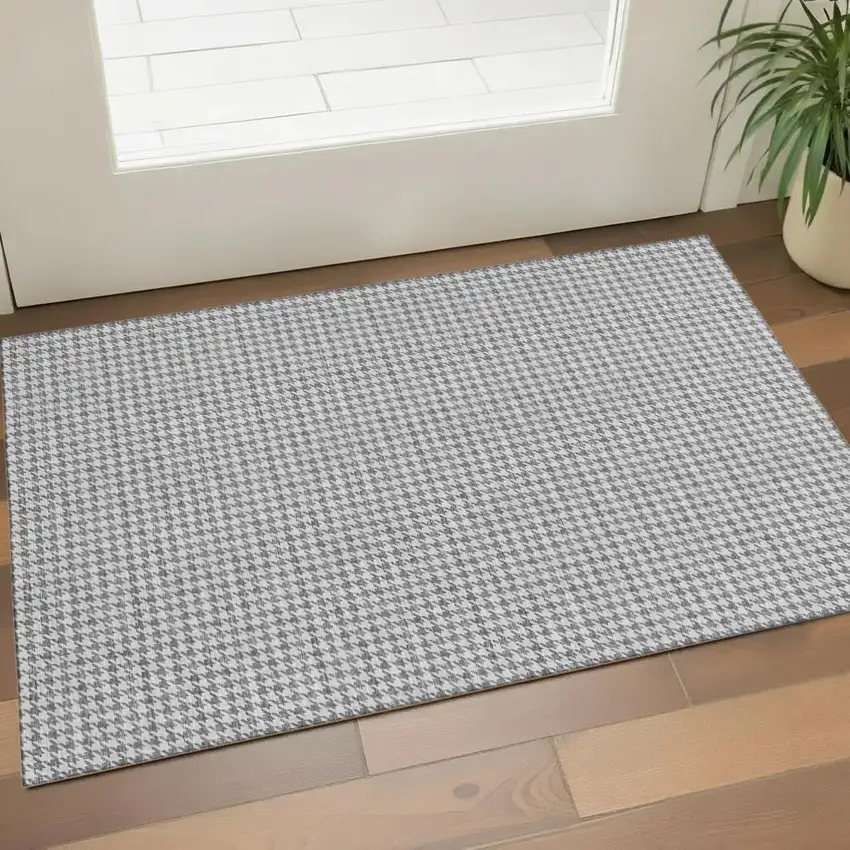 Gray And Ivory Houndstooth Washable Area Rug With UV Protection Photo 1