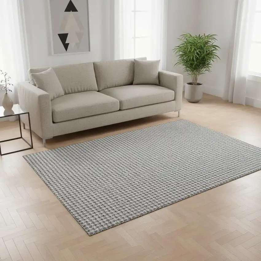 Gray And Ivory Houndstooth Washable Area Rug With UV Protection Photo 1