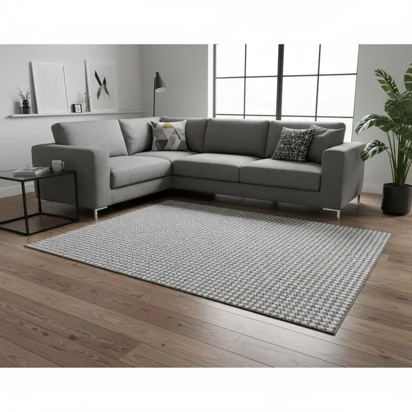 Gray And Ivory Houndstooth Washable Area Rug With UV Protection Photo 1