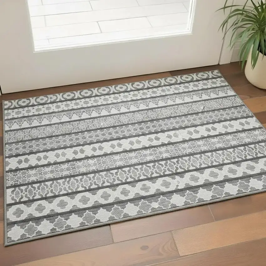 Gray And Ivory Ikat Washable Area Rug With UV Protection Photo 2