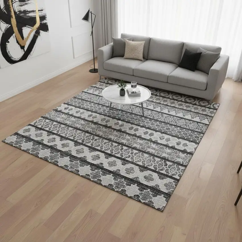 Gray And Ivory Ikat Washable Area Rug With UV Protection Photo 2