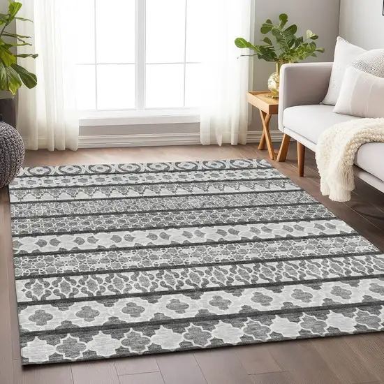 Gray And Ivory Ikat Washable Area Rug With UV Protection Photo 5