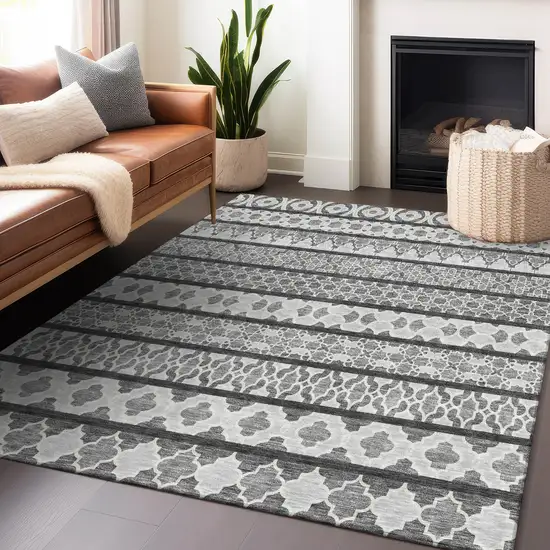 Gray And Ivory Ikat Washable Area Rug With UV Protection Photo 6